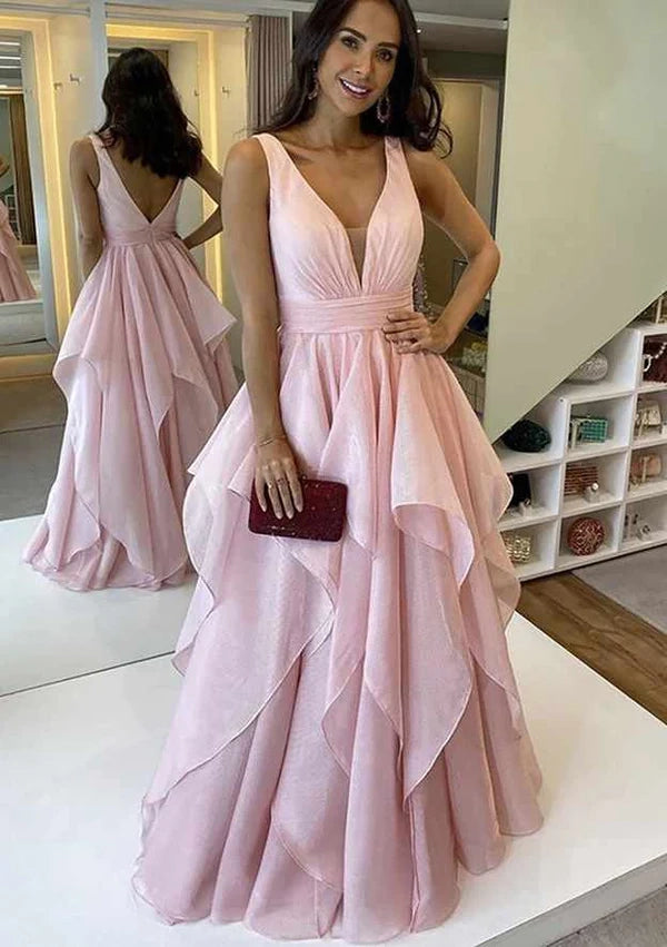 A-Line V-Neck Sleeveless Chiffon Long Prom Dress/Evening Dress with Pleated Skirt Simple gentle atmospheric and unique design  ﻿