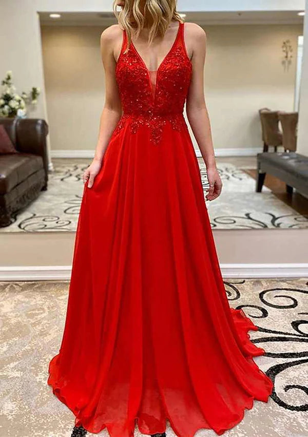 A-Line V-Neck Sleeveless Chiffon Prom Dress/Evening Dress With Appliqued Beading Simple gentle atmospheric and unique design
