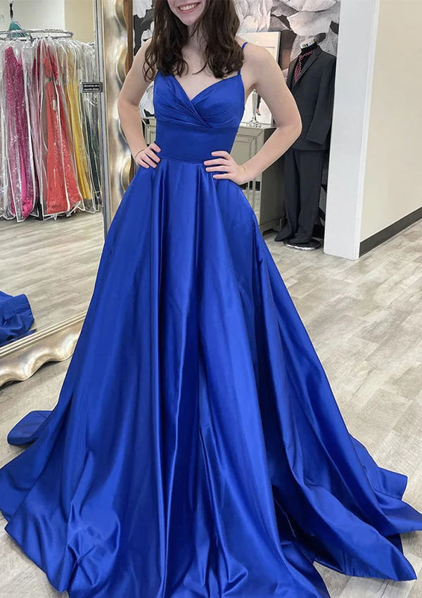 A-Line V-Neck Sleeveless Court Train Satin Prom Dress/Evening Dress with Bowknot Pleated Waistband Simple gentle atmospheric and unique design
