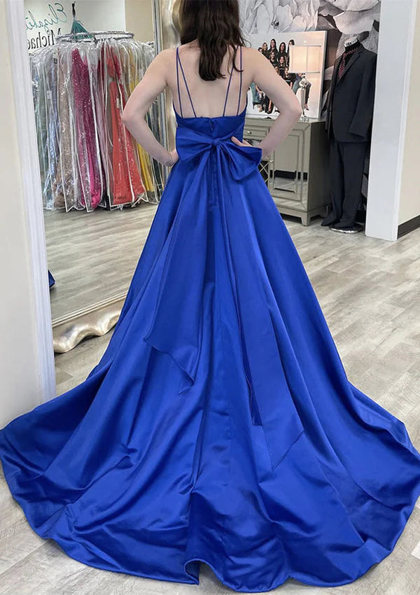 A-Line V-Neck Sleeveless Court Train Satin Prom Dress/Evening Dress with Bowknot Pleated Waistband Simple gentle atmospheric and unique design