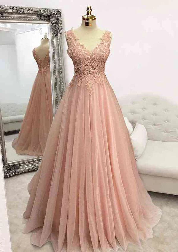 A-Line V-Neck Sleeveless Glitter Prom Dress/Evening Dress With Appliqued Beading for Floor-Length Tulle Look Simple gentle atmospheric and unique design