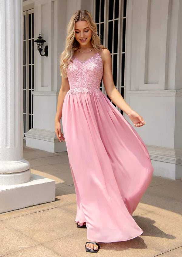 A-Line V-Neck Sleeveless Long Chiffon Prom Dress/Evening Dress with Appliqued Beading Simple gentle atmospheric and unique design