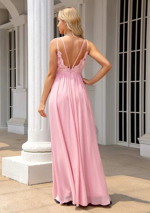 A-Line V-Neck Sleeveless Long Chiffon Prom Dress/Evening Dress with Appliqued Beading Simple gentle atmospheric and unique design