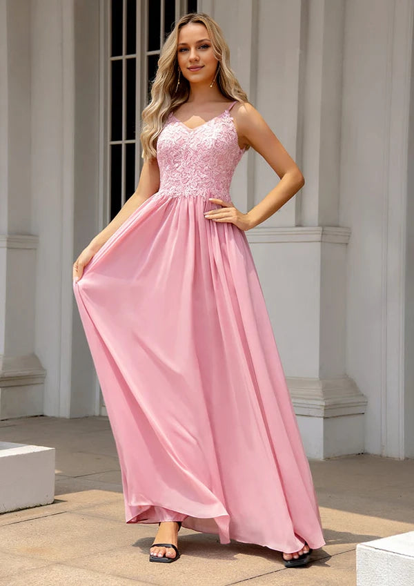 A-Line V-Neck Sleeveless Long Chiffon Prom Dress/Evening Dress with Appliqued Beading Simple gentle atmospheric and unique design