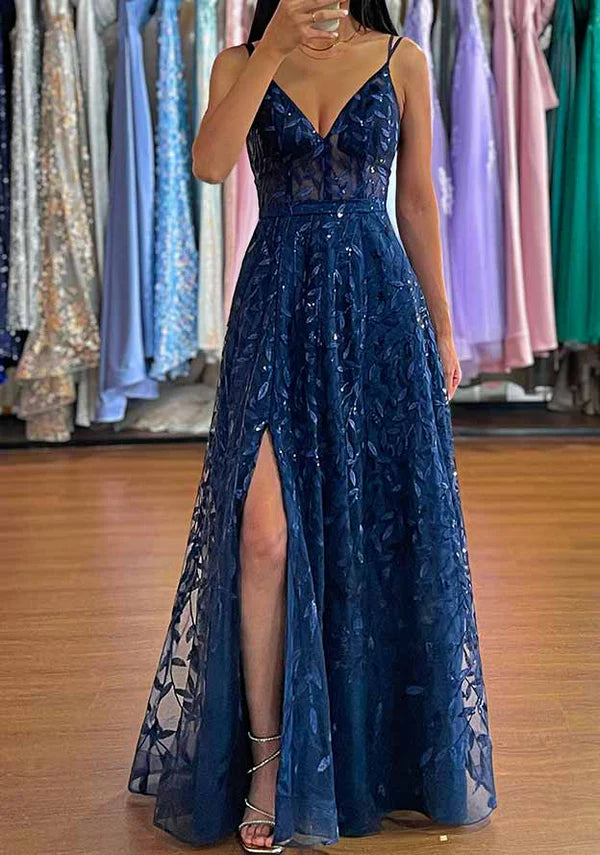 A-Line V-Neck Sleeveless Long Tulle Prom Dress/Evening Dress with Sequins Split Simple gentle atmospheric and unique design