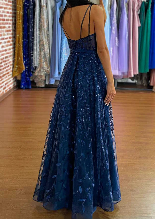 A-Line V-Neck Sleeveless Long Tulle Prom Dress/Evening Dress with Sequins Split Simple gentle atmospheric and unique design