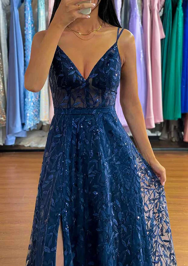 A-Line V-Neck Sleeveless Long Tulle Prom Dress/Evening Dress with Sequins Split Simple gentle atmospheric and unique design