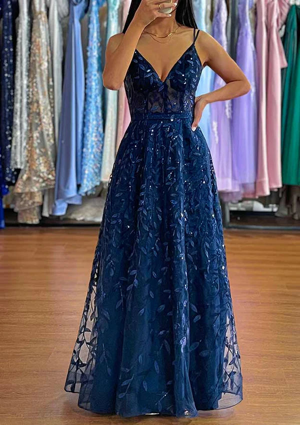 A-Line V-Neck Sleeveless Long Tulle Prom Dress/Evening Dress with Sequins Split Simple gentle atmospheric and unique design