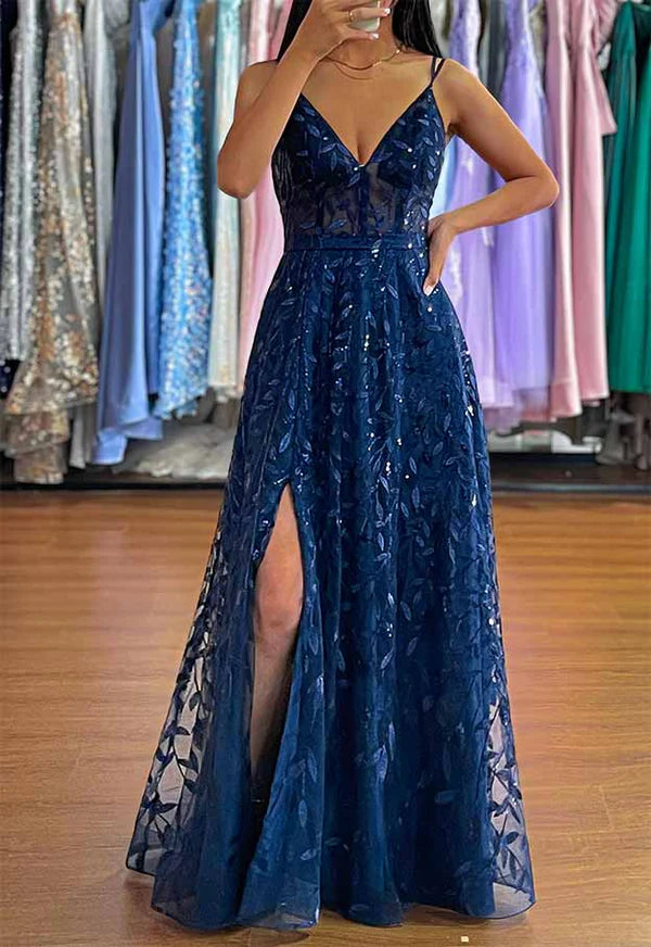 A-Line V-Neck Sleeveless Long Tulle Prom Dress/Evening Dress with Sequins Split Simple gentle atmospheric and unique design