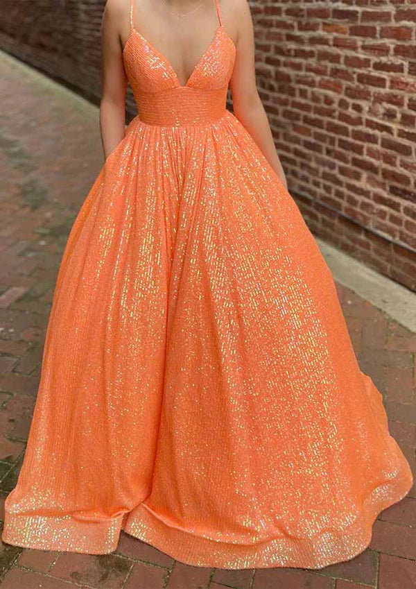 A-Line V-Neck Sleeveless Prom Dress/Evening Dress with Sequins and Pockets Simple gentle atmospheric and unique design