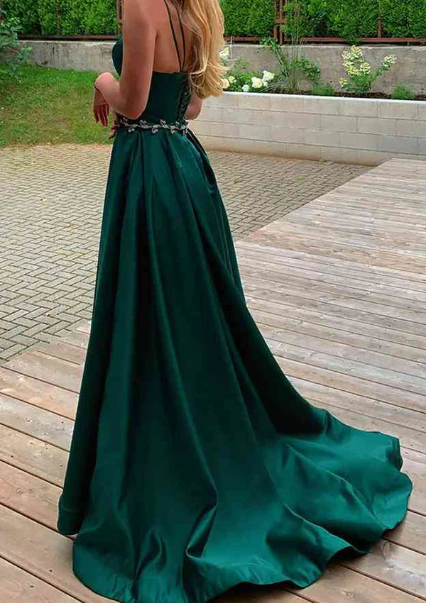A-Line V-Neck Sleeveless Satin Prom Dress/Evening Dress with Pockets Waistband & Split Train Simple gentle atmospheric and unique design