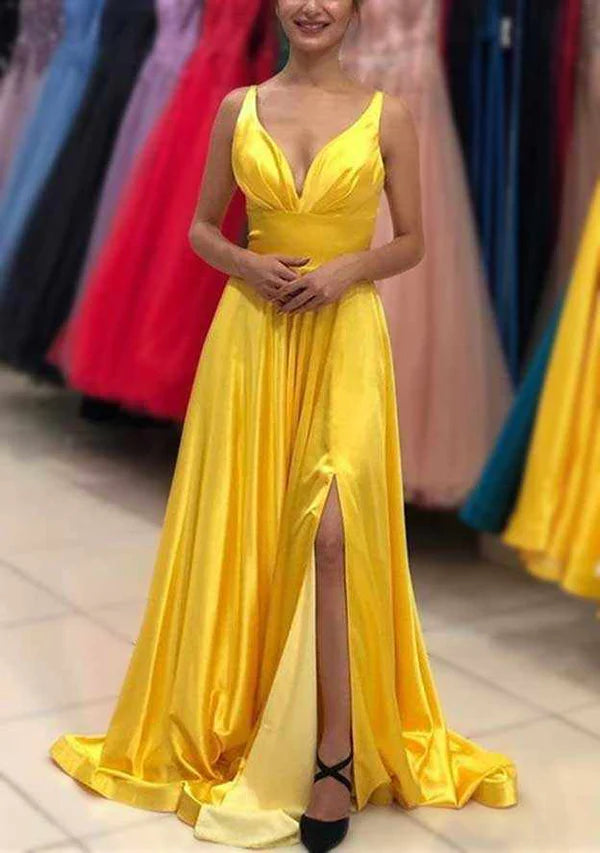 A-Line V-Neck Sleeveless Satin Sweep Train Prom Dress Evening Dress With Pleated Detail Simple gentle atmospheric and unique design