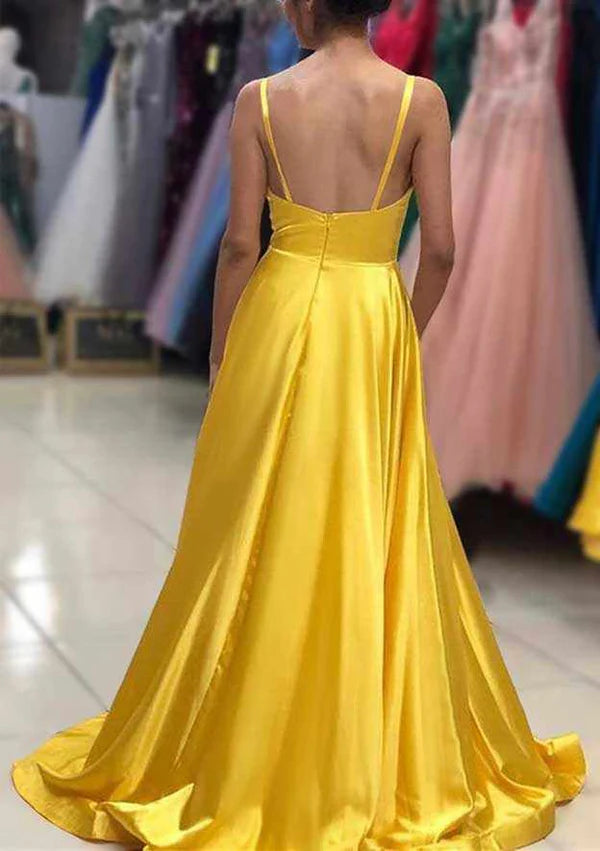 A-Line V-Neck Sleeveless Satin Sweep Train Prom Dress Evening Dress With Pleated Detail Simple gentle atmospheric and unique design