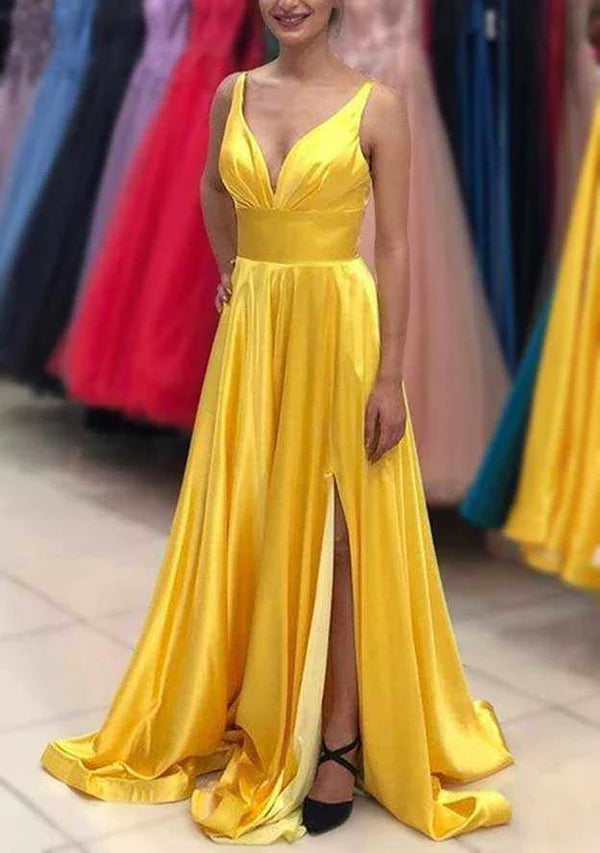 A-Line V-Neck Sleeveless Satin Sweep Train Prom Dress Evening Dress With Pleated Detail Simple gentle atmospheric and unique design