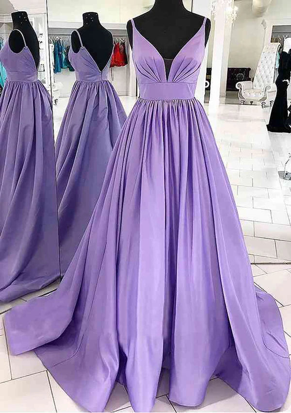 A-Line V-Neck Sleeveless Satin Sweep Train Prom Dress/Evening Dress With Pleated Simple gentle atmospheric and unique design