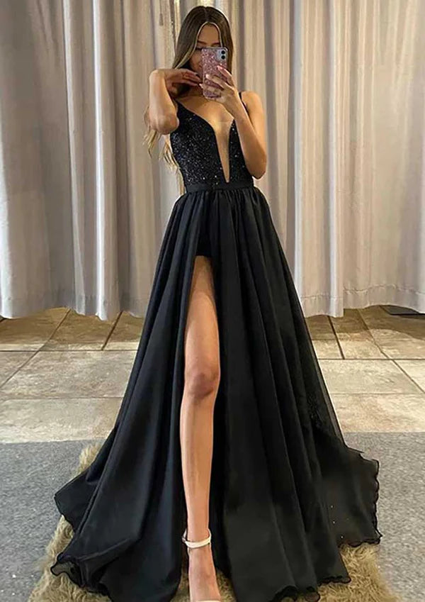 A-Line V-Neck Sleeveless Sequined Prom Dress/Evening Dress with Ruffles and Sweep Train Simple gentle atmospheric and unique design