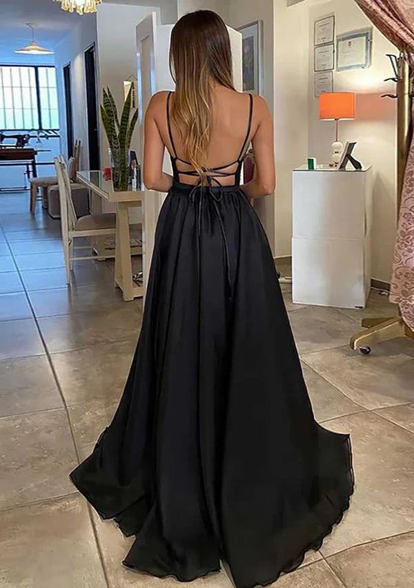 A-Line V-Neck Sleeveless Sequined Prom Dress/Evening Dress with Ruffles and Sweep Train Simple gentle atmospheric and unique design