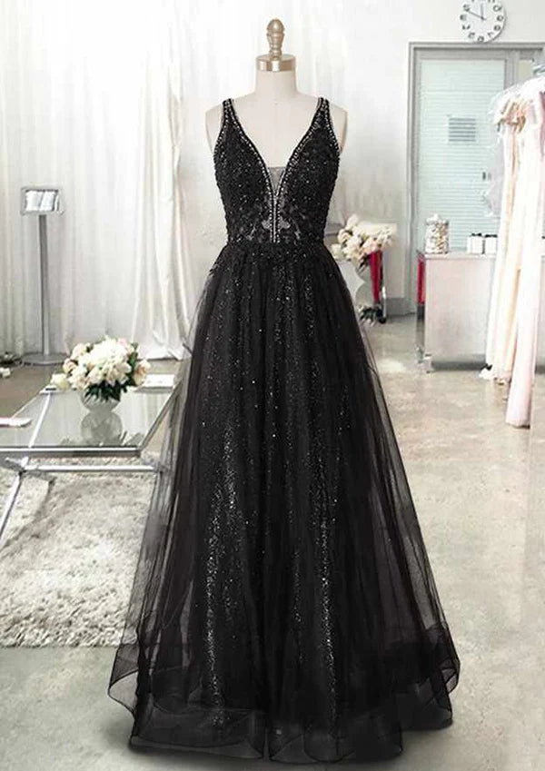 A-Line V-Neck Sleeveless Tulle Prom Dress/Evening Dress with Beading Appliqued for Long/Floor-Length Look Simple gentle atmospheric and unique design  ﻿
