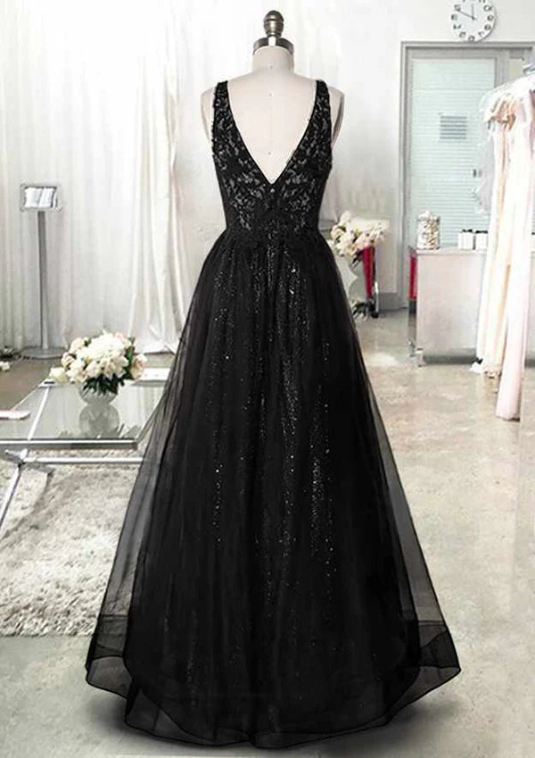 A-Line V-Neck Sleeveless Tulle Prom Dress/Evening Dress with Beading Appliqued for Long/Floor-Length Look Simple gentle atmospheric and unique design  ﻿