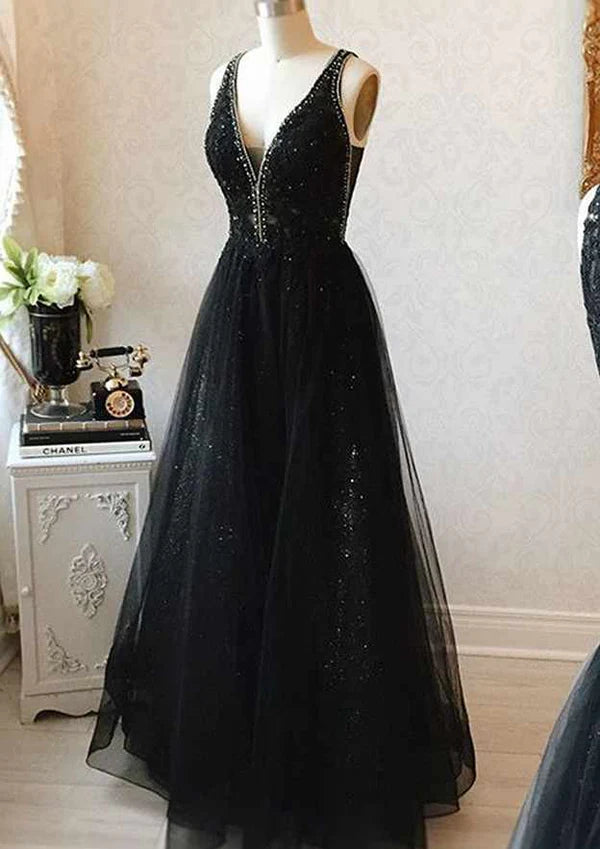 A-Line V-Neck Sleeveless Tulle Prom Dress/Evening Dress with Beading Appliqued for Long/Floor-Length Look Simple gentle atmospheric and unique design  ﻿