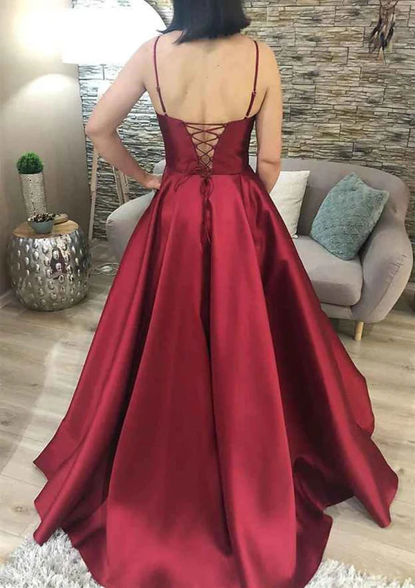 A-Line V-Neck Spaghetti Straps Charmeuse Prom Dress/Evening Dress with Pockets Simple gentle atmospheric and unique design