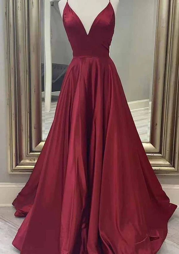 A-Line V-Neck Spaghetti Straps Charmeuse Prom Dress/Evening Dress with Pockets Simple gentle atmospheric and unique design