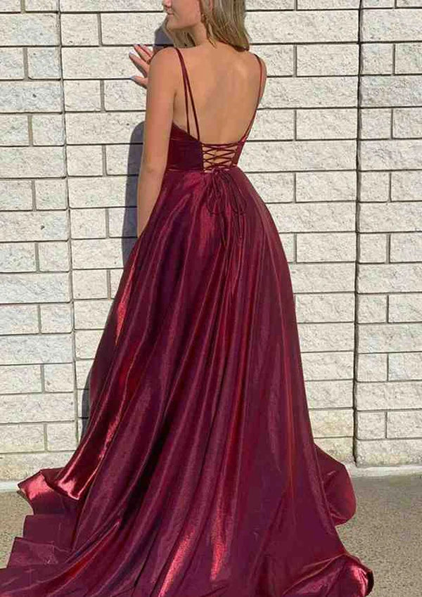 A-Line V-Neck Spaghetti Straps Court Train Satin Organza Prom Dress/Evening Dress With Pockets and SplitSimple gentle atmospheric and unique design