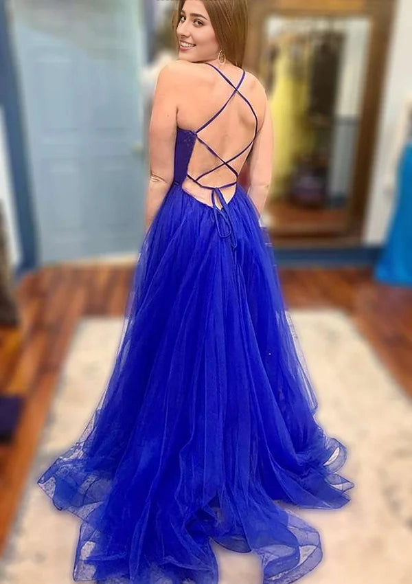 A-Line V-Neck Spaghetti Straps Court Train Tulle Prom Dress/Evening Dress With Split