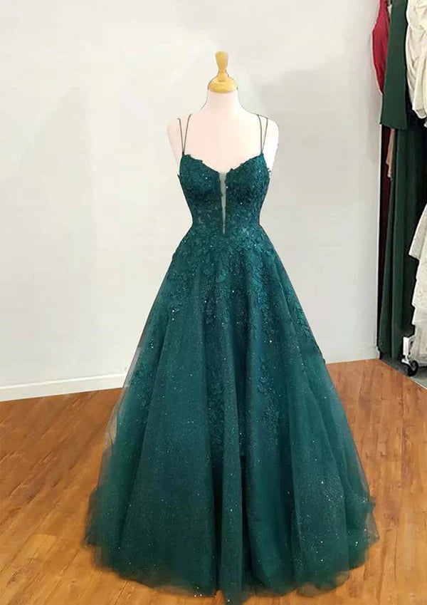 A-Line V-Neck Spaghetti Straps Long/Floor-Length Tulle Prom Dress/Evening Dress with Glitter Applique Simple gentle atmospheric and unique design