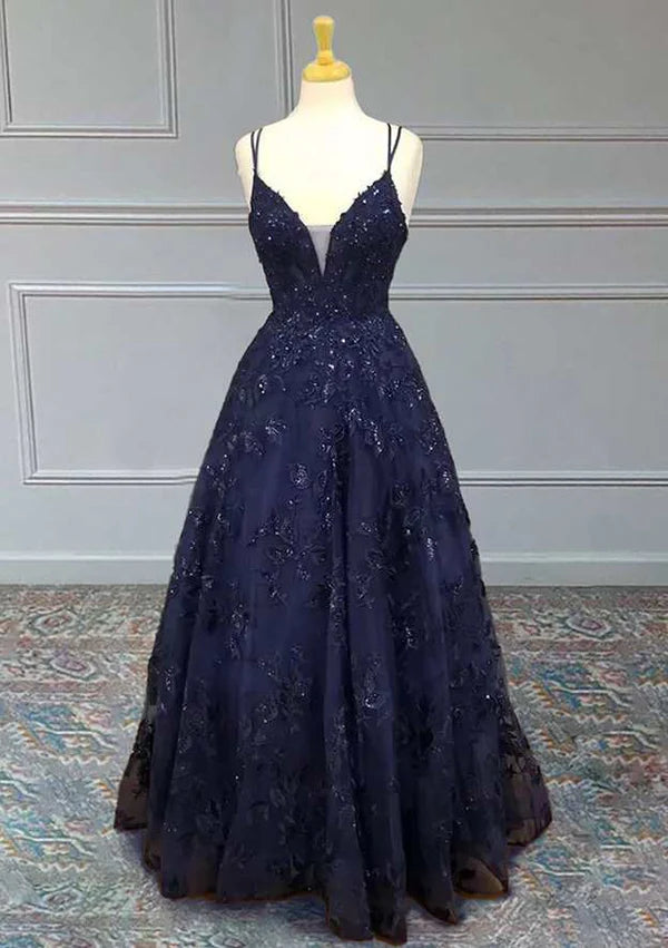 A-Line V-Neck Spaghetti Straps Long Tulle Prom Dress/Evening Dress with Appliqued Beading Sequins Simple gentle atmospheric and unique design  ﻿