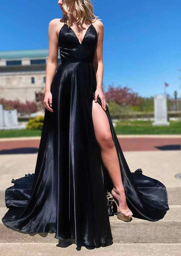 A-Line V-Neck Spaghetti Straps Sweep Train Charmeuse Prom Dress/Evening Dress With Split Simple gentle atmospheric and unique design