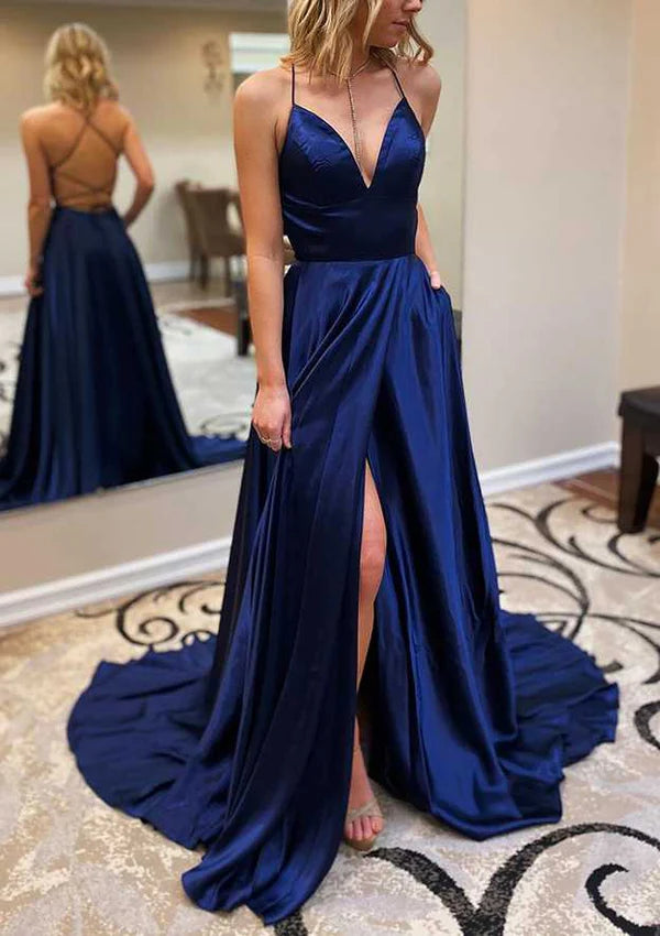 A-Line V-Neck Spaghetti Straps Sweep Train Charmeuse Prom Dress/Evening Dress with Pleated Split Simple gentle atmospheric and unique design