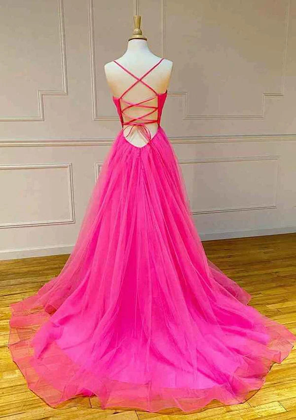 A-Line V-Neck Spaghetti Straps Sweep Train Tulle Prom Dress/Evening Dress with Pleated Detail Simple gentle atmospheric and unique design