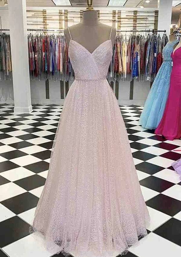 A-Line V-Neck Spaghetti Straps Tulle Prom Dress/Evening Dress With Beading Sequins Simple gentle atmospheric and unique design  ﻿