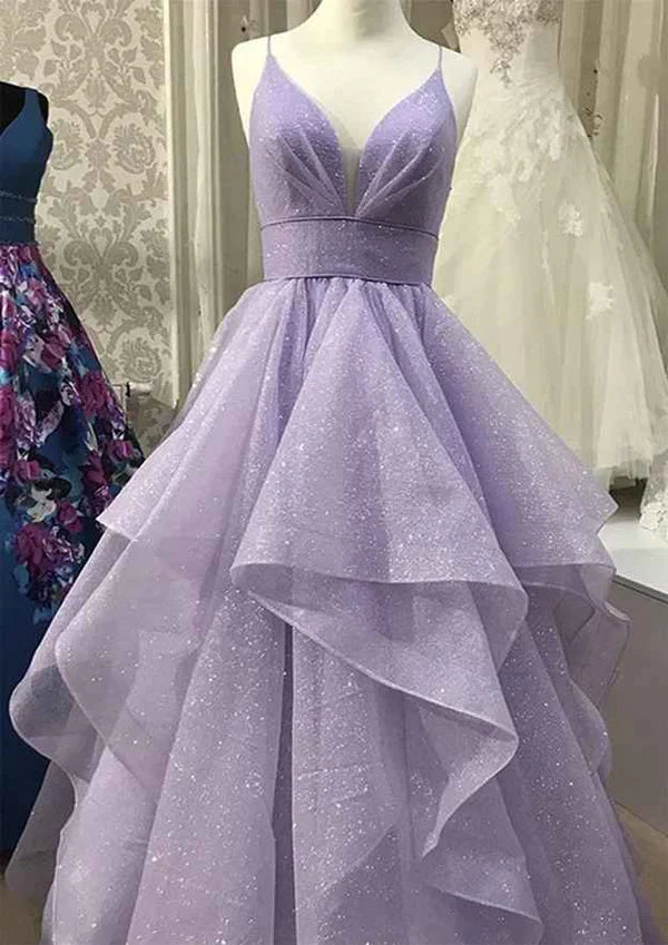 A-Line V-Neck Spaghetti Straps Tulle Prom Dress/Evening Dress With Pleated Glitter - Perfect for a Special Occasion Simple gentle atmospheric and unique design