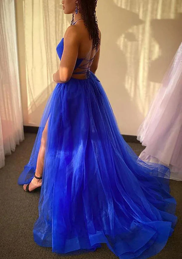 A-Line V-Neck Spaghetti Straps Tulle Prom Dress/Evening Dress With Split and Sweep Train Simple gentle atmospheric and unique design