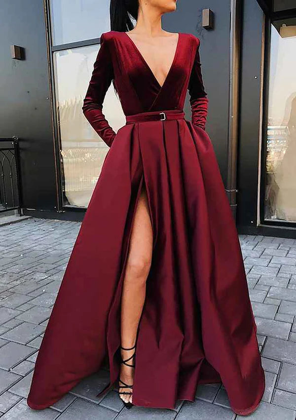 A-Line V-Neck Strapless Long Split Prom Dress/Evening Dress in Satin Velvet with Waistband Simple gentle atmospheric and unique design