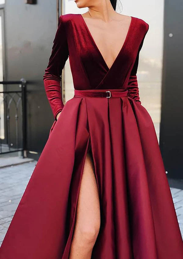 A-Line V-Neck Strapless Long Split Prom Dress/Evening Dress in Satin Velvet with Waistband Simple gentle atmospheric and unique design
