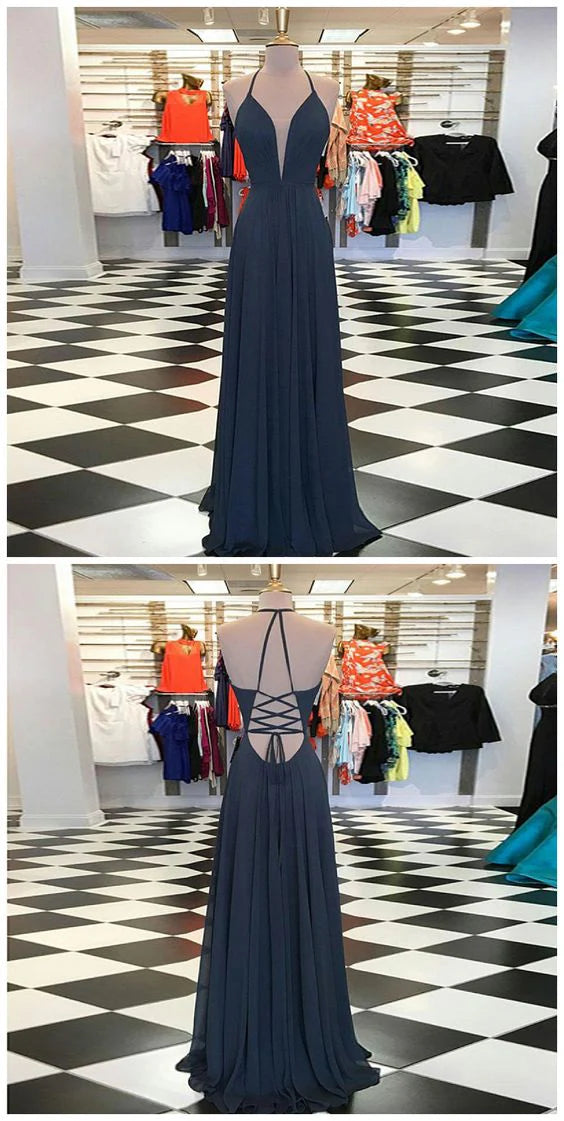 A-Line V-Neck Sweep Train Navy Blue Chiffon Prom Dress simple gentle atmospheric and unique desi Bring summer colors to enhance whiteness
