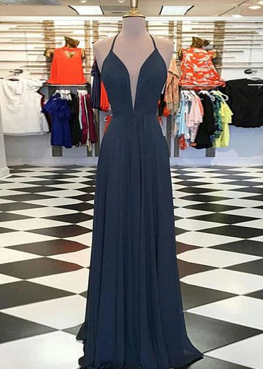 A-Line V-Neck Sweep Train Navy Blue Chiffon Prom Dress simple gentle atmospheric and unique desi Bring summer colors to enhance whiteness