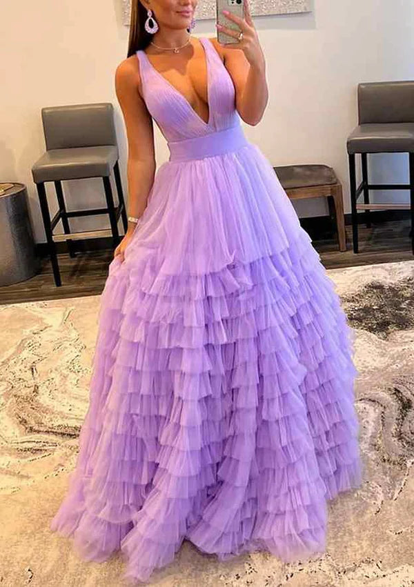 A-Line V-Neck Tulle Prom Dress/Evening Dress with Ruffles & Regular Straps - Long/Floor-Length Simple gentle atmospheric and unique design