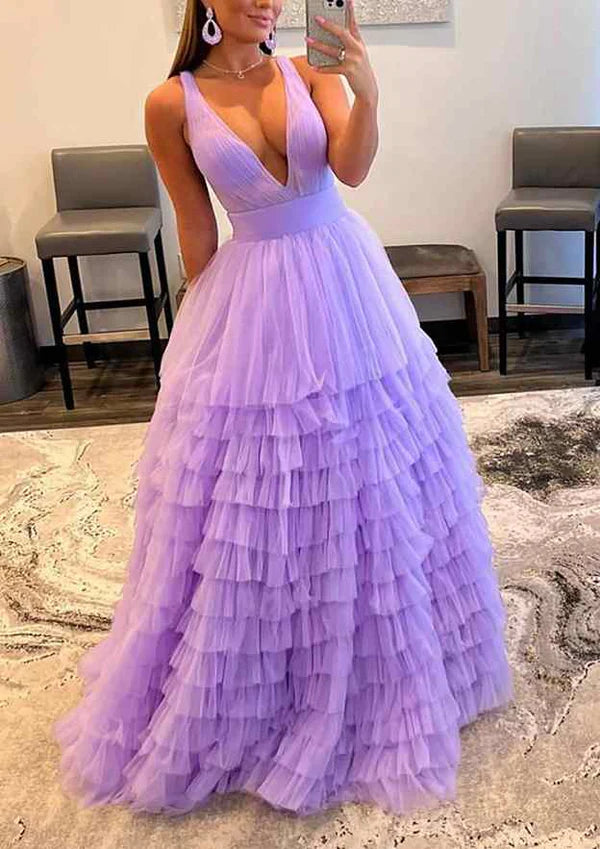 A-Line V-Neck Tulle Prom Dress/Evening Dress with Ruffles & Regular Straps - Long/Floor-Length Simple gentle atmospheric and unique design