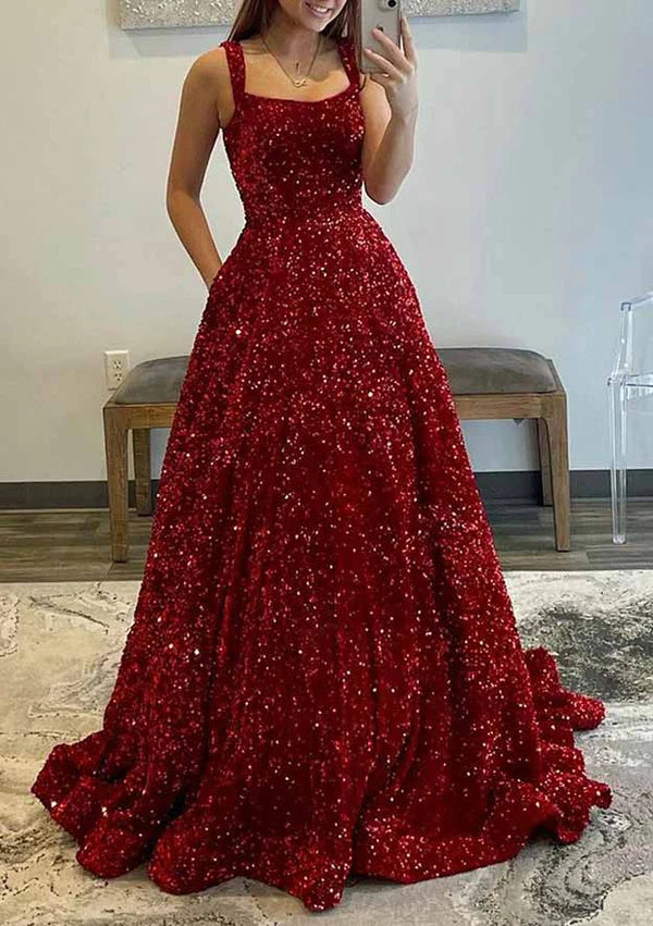 A-Line Velvet Sequins Prom Dress Evening Dress with Pockets and Square Neckline Sleeveless Sweep Train Simple gentle atmospheric and unique design