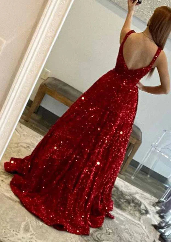 A-Line Velvet Sequins Prom Dress Evening Dress with Pockets and Square Neckline Sleeveless Sweep Train Simple gentle atmospheric and unique design