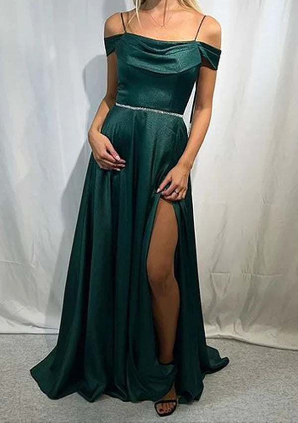 A-Line Off-the-Shoulder Sleeveless Satin Prom Dress/Evening Dress with Pleated Waistband Split Simple gentle atmospheric and unique design
