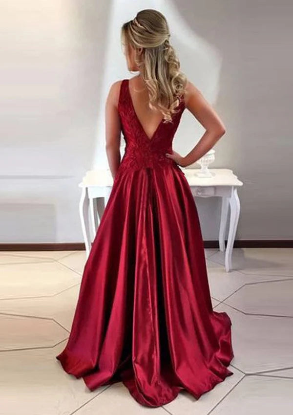 A-Line/Princess Scoop Neck Sweep Train Satin Prom Dress/Evening Dress With Appliqued Simple gentle atmospheric and unique design  ﻿