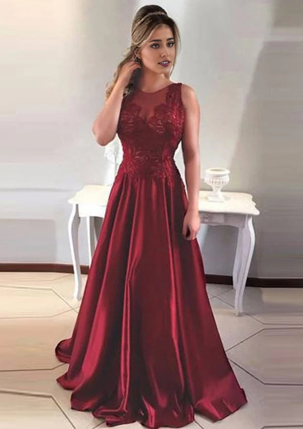 A-Line/Princess Scoop Neck Sweep Train Satin Prom Dress/Evening Dress With Appliqued Simple gentle atmospheric and unique design  ﻿
