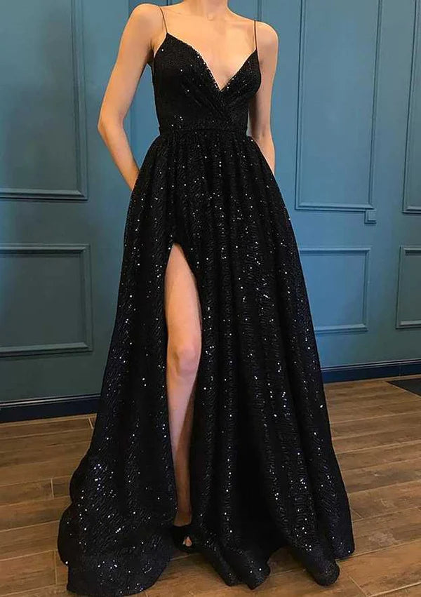 A-Line V-Neck Sleeveless Metallic Yarn Sequined Long/Floor-Length Prom Dress/Evening Dress With Split Pockets Simple gentle atmospheric and unique design  ﻿