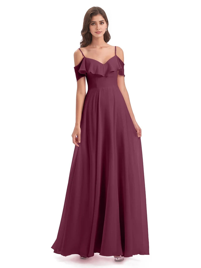 A-line Floor Length Spaghetti Straps Ruffles Long Bridesmaid Dresses simple gentle atmospheric and unique desi Bring summer colors to enhance whiteness