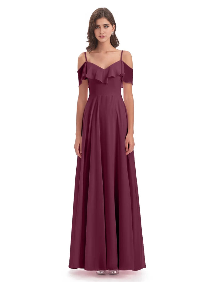 A-line Floor Length Spaghetti Straps Ruffles Long Bridesmaid Dresses simple gentle atmospheric and unique desi Bring summer colors to enhance whiteness